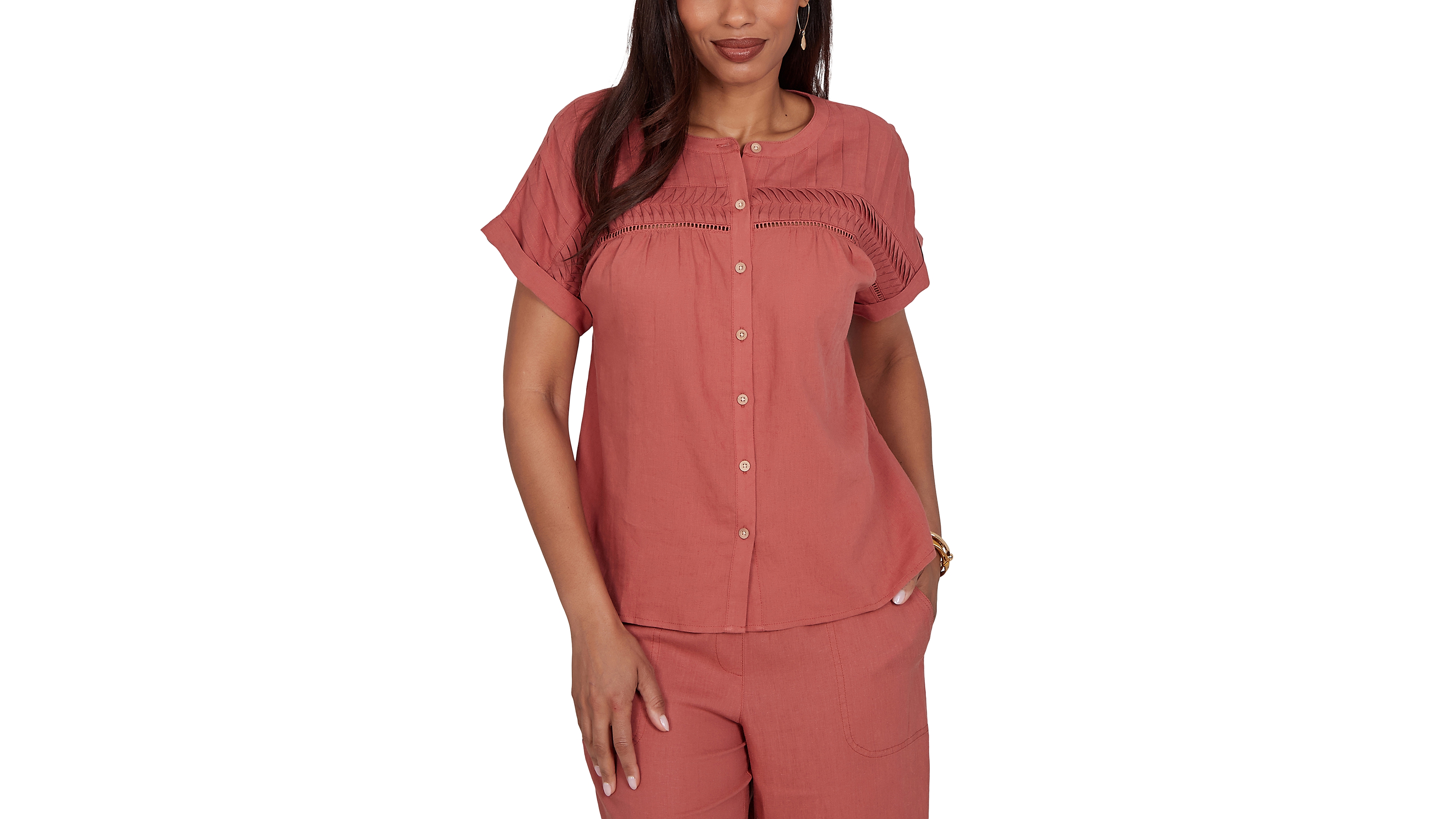 Ruby Rd. Petite Lightweight Pleated Short-Sleeve Top