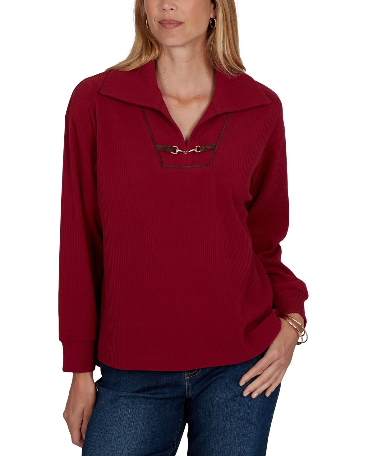 Ruby Rd. Petite Knt Premium Rib Collared Long-Sleeve Top