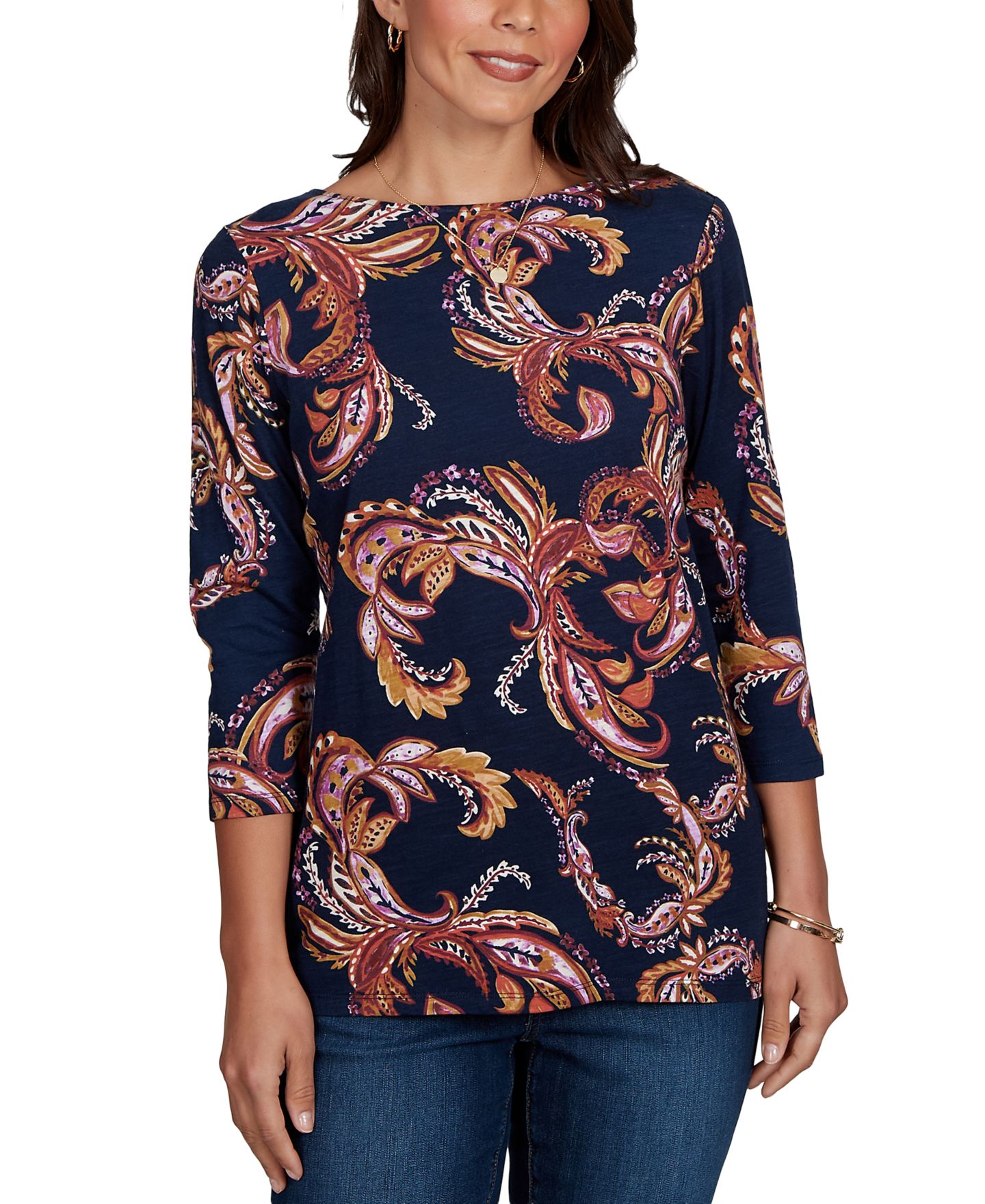 Женский топ Ruby Rd. Petite Paisley-Print Boat Neck 3/4-Sleeve, цвет: Тёмно-синий разноцветный — фото 1