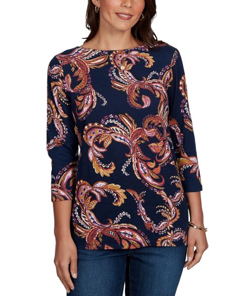 Женский топ Ruby Rd. Petite Paisley-Print Boat Neck 3/4-Sleeve, цвет: Тёмно-синий разноцветный