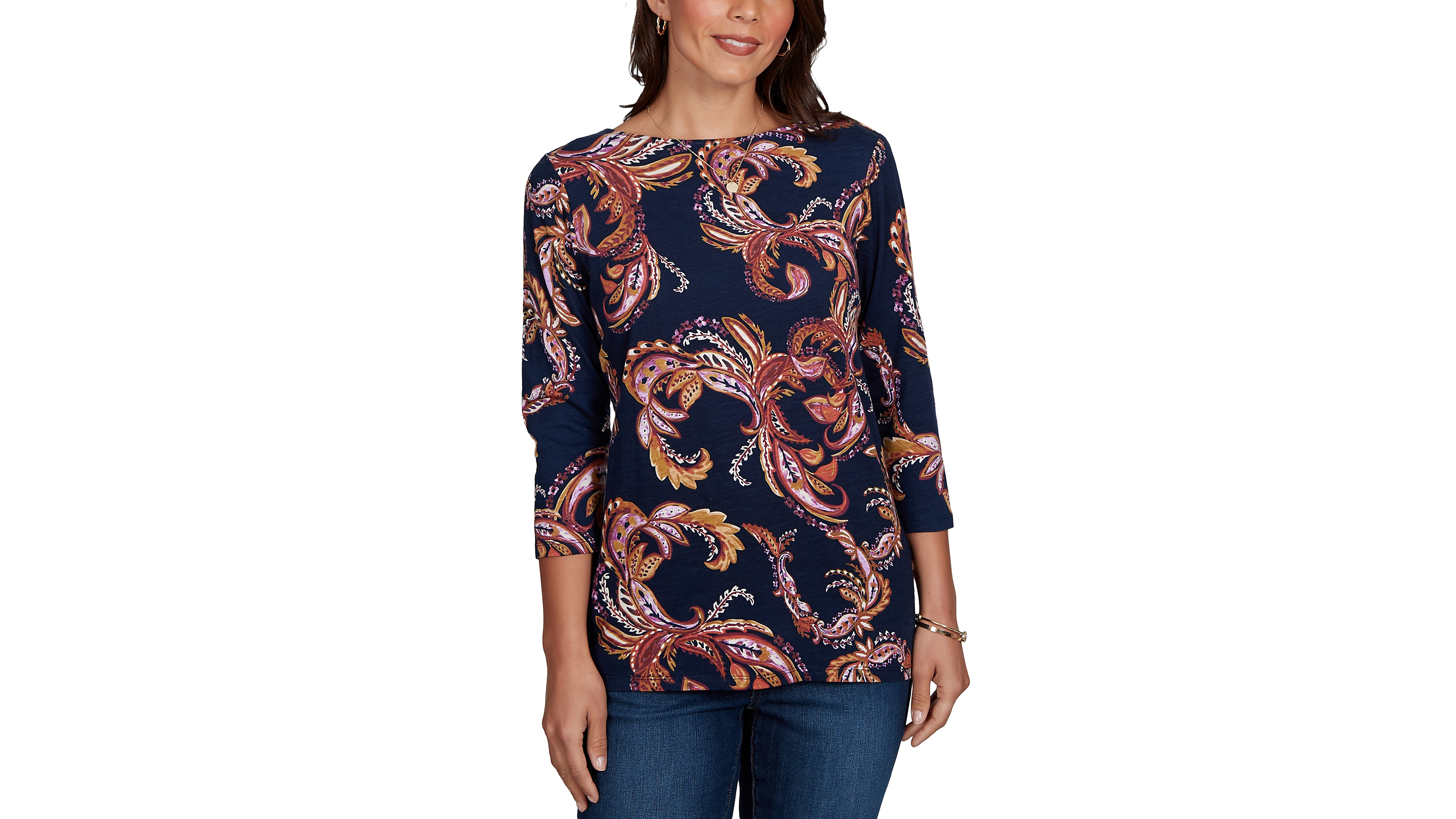 Ruby Rd. Petite Paisley-Print Boat Neck 3/4-Sleeve Top