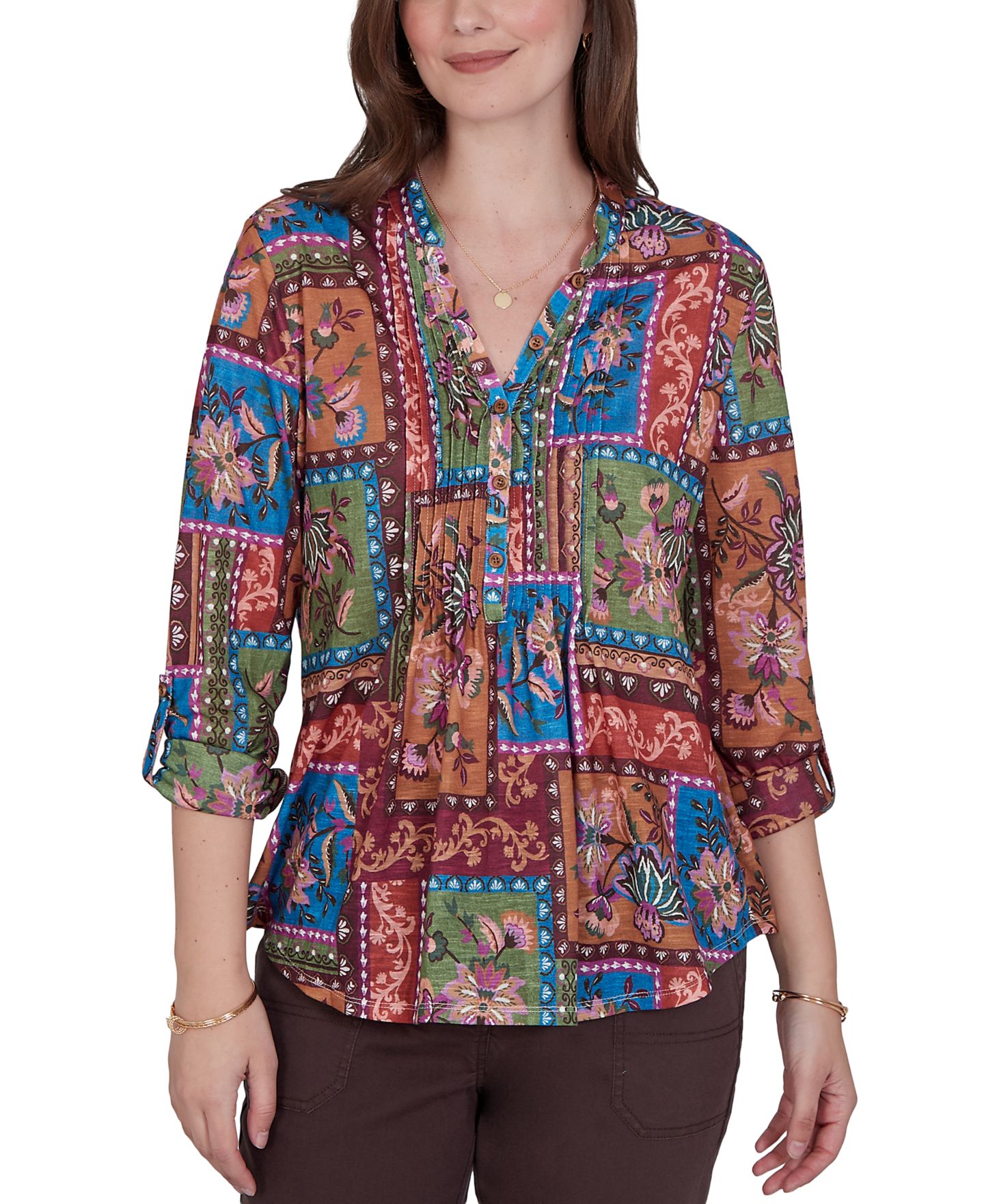 Женская блузка Ruby Rd. Petite Tapestry Top 3/4-Sleeve Floral-Print Button-Front, цвет: Разноцветный — фото 1