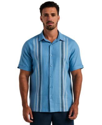 Men's Vertical Panel Dobby Linen-Blend Short-Sleeve Button-Down Shirt