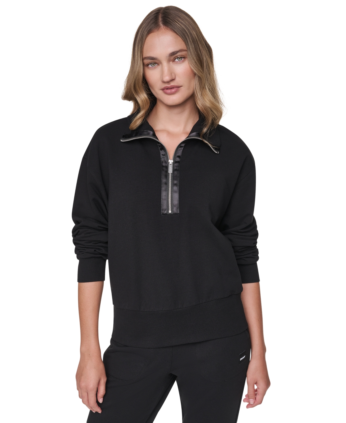 Dkny Sport Women's Mock Neck Quarter Zip Pullover With Tonal Satin Trim - Black