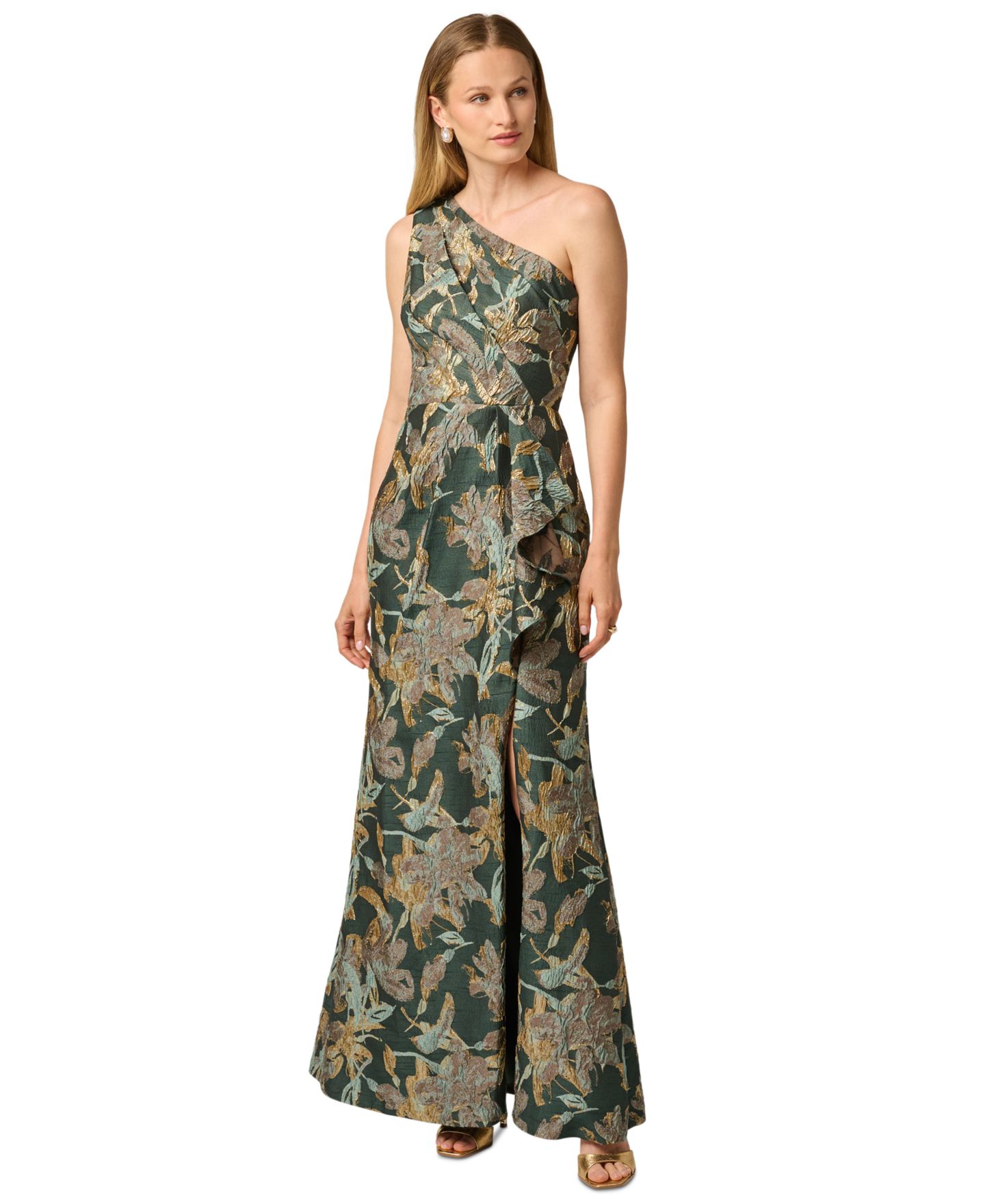 Женские платья Adrianna Papell Petite Floral-Jacquard One-Shoulder Gown, цвет: Зелёный золотой — фото 1