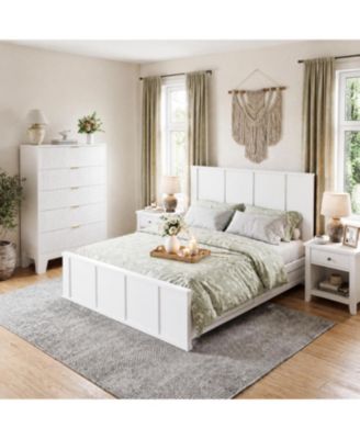 Modern Farmhouse Bedroom Set - Solid Wood Platform Bed with Tall Headboard and 5-Drawer Fluted Dresser, 800 lbs Support No Box Spring Needed