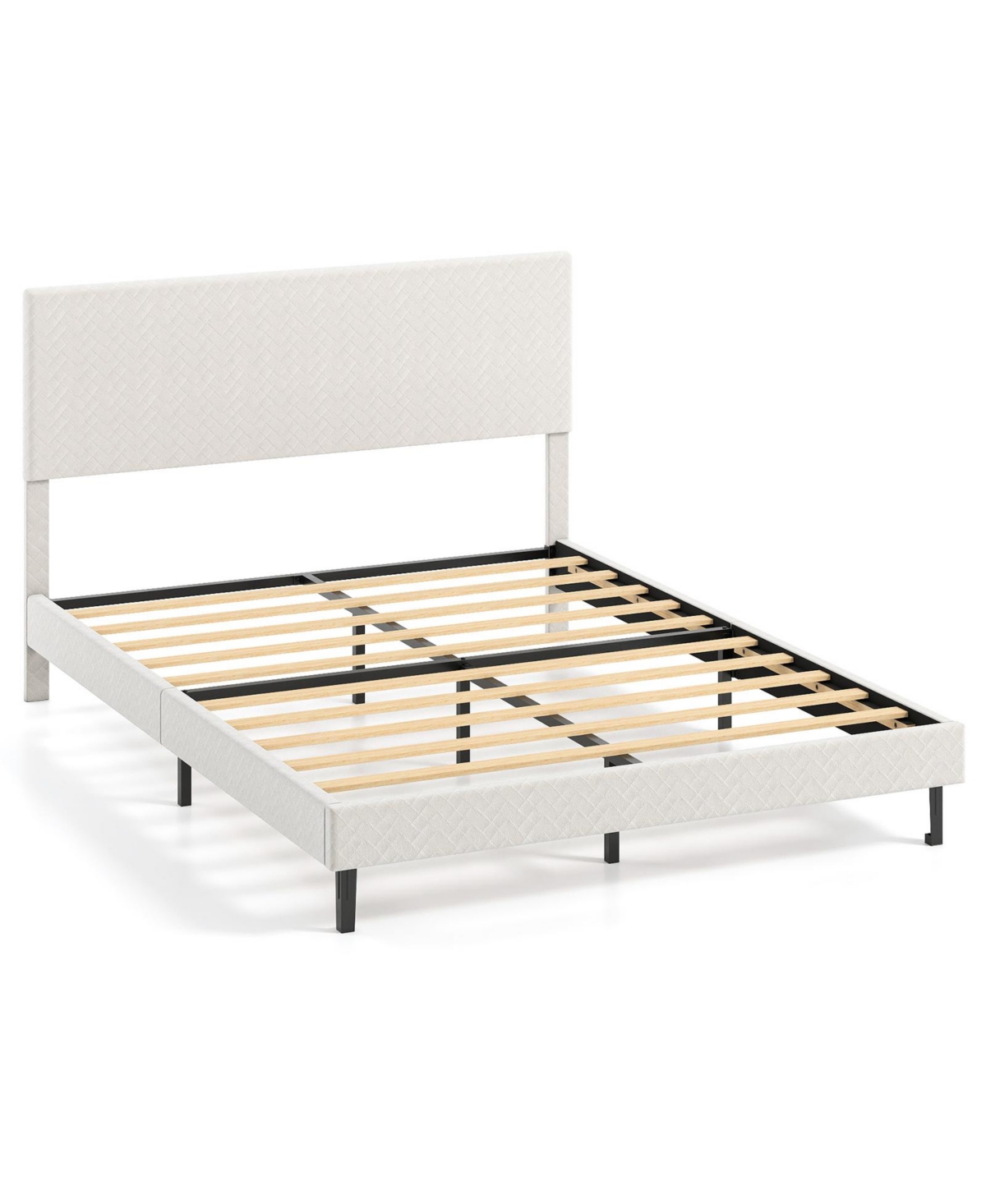 Mecale Queen Size Velvet Bed Frame Upholstered Platform Bed with Chevron Headboard - Beige