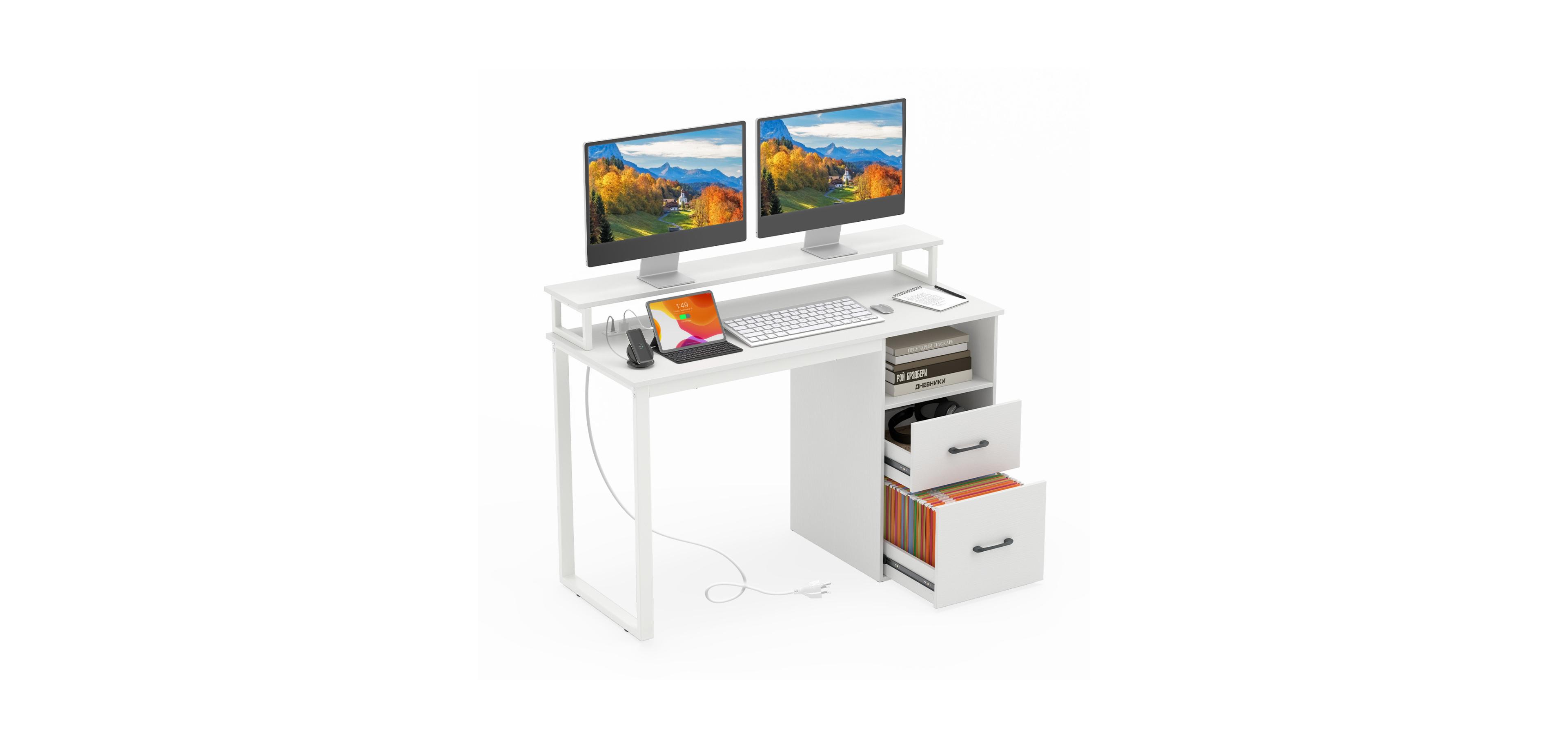 Mecale Modern Computer Desk with Power Outlets and File Drawer