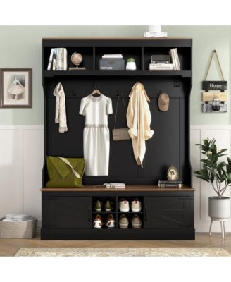 71"H Farmhouse Hall Tree with Bench and Shoe Storage, 5-in-1 Modern Entryway Storage Organizer Cabinet