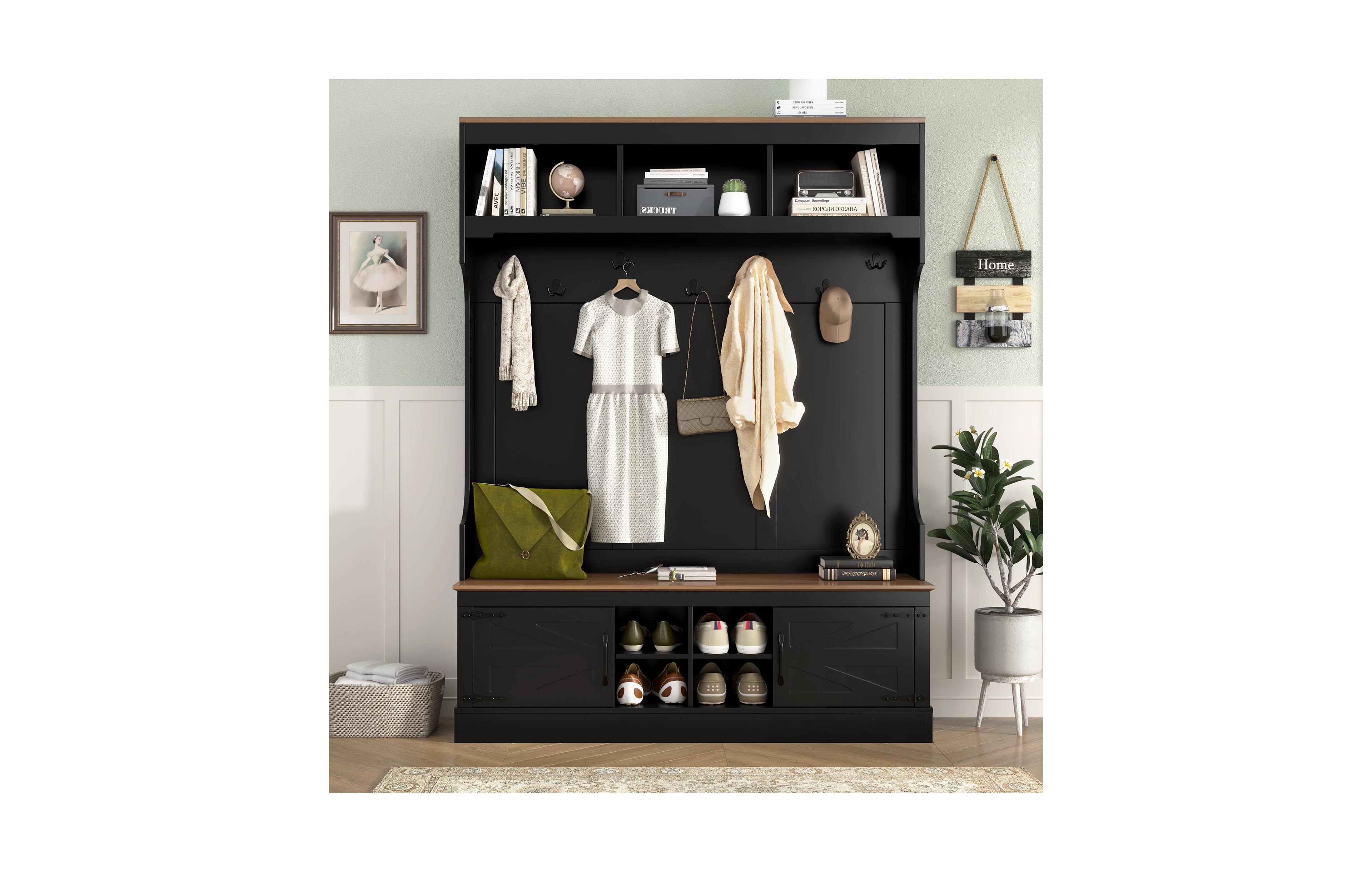 Clihome 71"H Farmhouse Hall Tree with Bench and Shoe Storage, 5-in-1 Modern Entryway Storage Organizer Cabinet