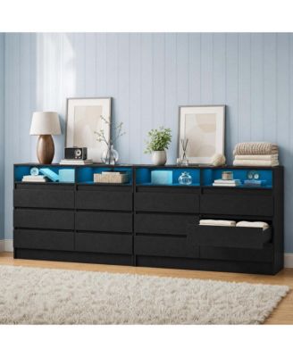 Modern Double Dresser 2-Pack 6 Drawers White MDF with RGB LED Light and USB Charging Station for Bedroom