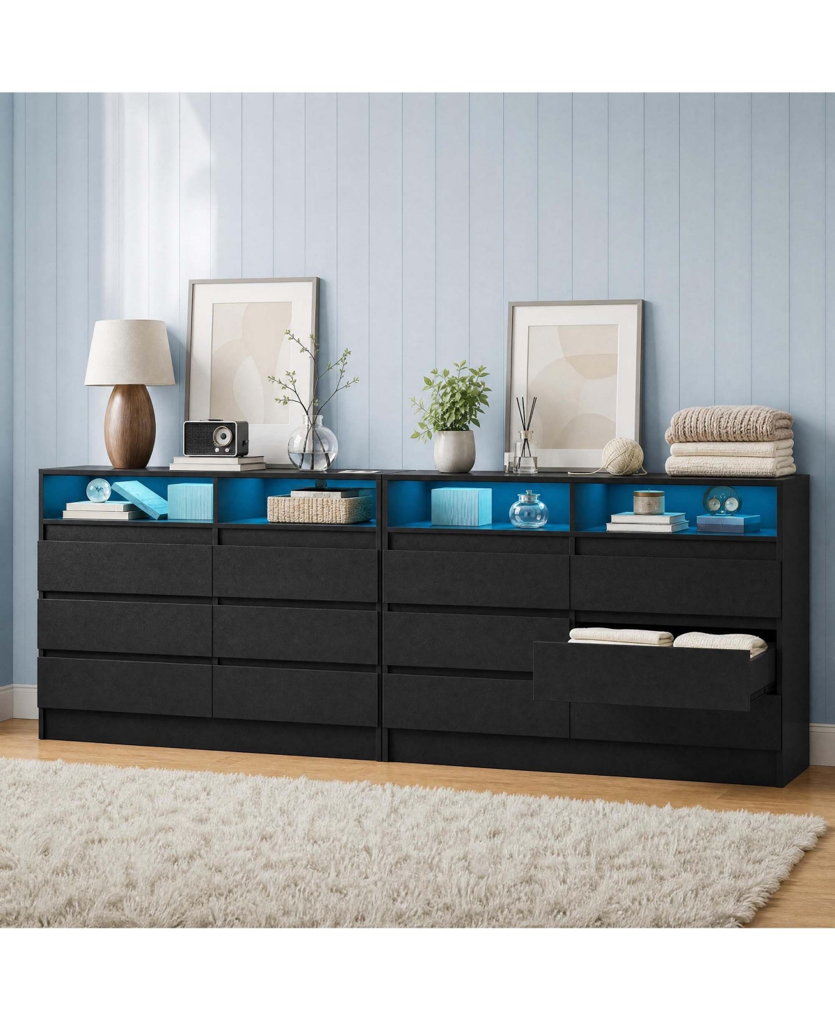 homfan Modern Double Dresser 2-Pack 6 Drawers White Mdf with Rgb Led Light and Usb Charging Station for Bedroom