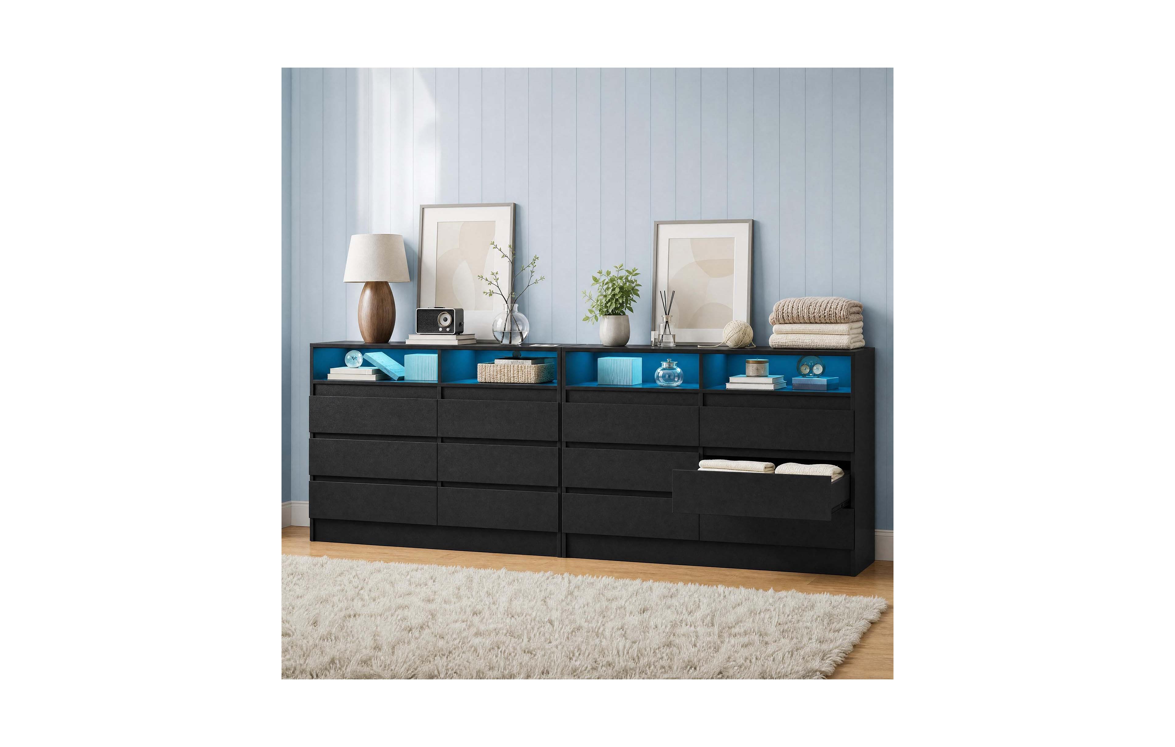 homfan Modern Double Dresser 2-Pack 6 Drawers White Mdf with Rgb Led Light and Usb Charging Station for Bedroom