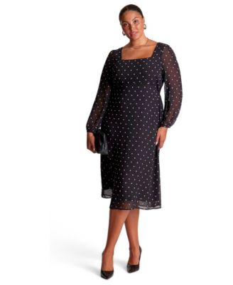 Women's Sable Polka Dot Square Neck Long Sleeve Midi Dress