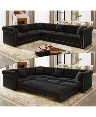 115.3" Velvet L-Shaped Sleeper Sofa with Pull-Out Bed and Gold Trim