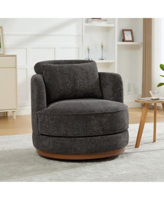 Chenille Swivel Barrel Chair with Pillow and Wooden Base