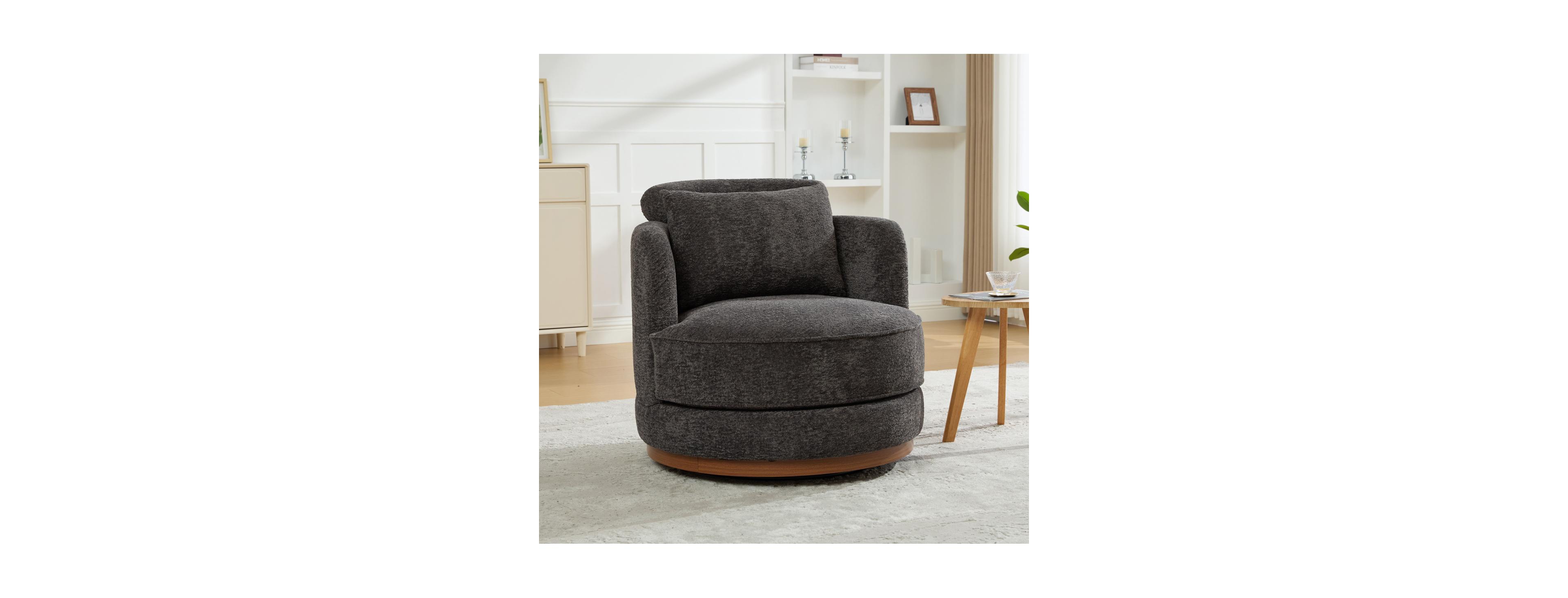 Streamdale Furniture Chenille Swivel Barrel Chair with Pillow and Wooden Base