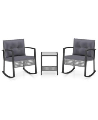 3-Piece Outdoor Rocking Chair Set w/2 Chairs and 2-Tier Glass-Top Coffee Table