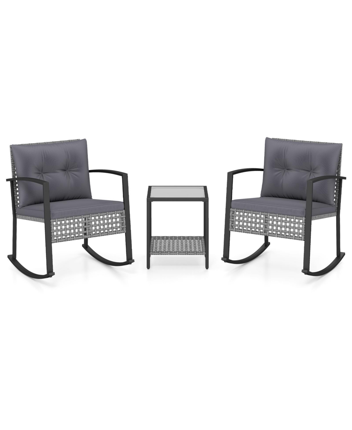 Gymax 3-Piece Outdoor Rocking Chair Set w/2 Chairs and 2-Tier Glass-Top Coffee Table - Grey