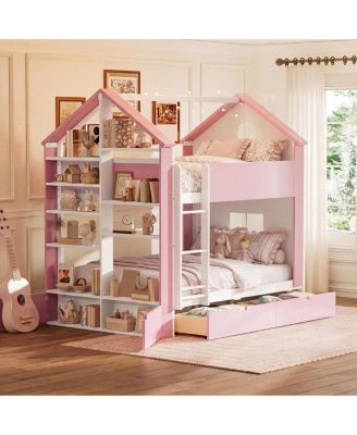 Full Size Wood Bunk Bed with Drawers, Shelves, Light Strip
