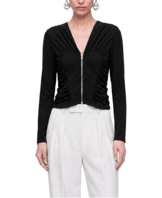 Women's Ruffle-Trim Zip-Front Long-Sleeve Blouse