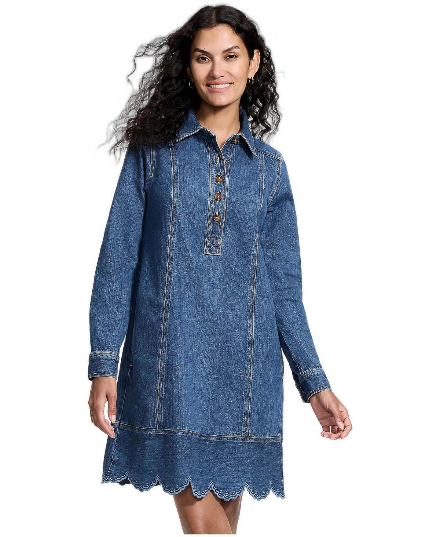 Женское платье Lands' End Soft Denim Eyelet Popover At The Knee, цвет: Синий варёный — фото 1