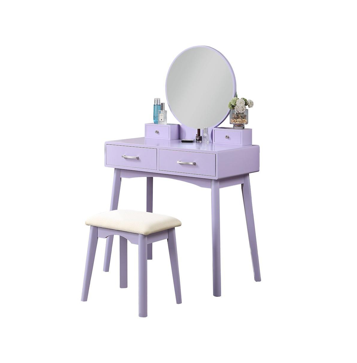 Roundhill Furniture Liannon Contemporary Wood Vanity and Stool Set, Purple