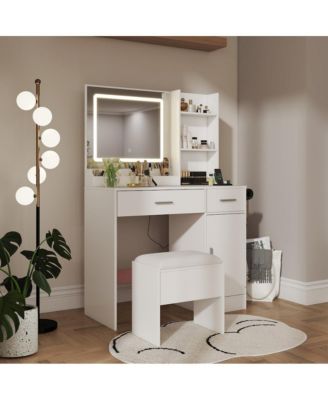 Makeup Vanity Set, Vanity Desk with Stool, LED Light Mirror