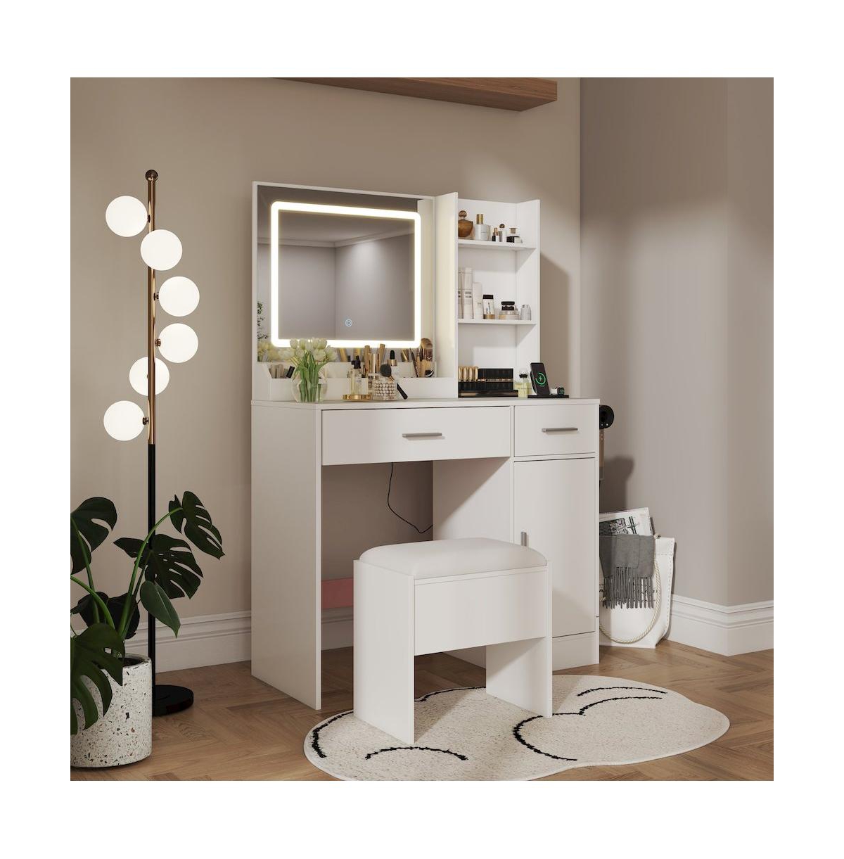 Roundhill Furniture Makeup Vanity Set, Vanity Desk with Stool, Led Light Mirror - White