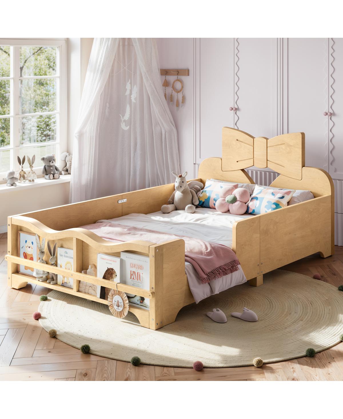 Streamdale Furniture Twin Kids Platform Bed with Guardrails, Bowknot Headboard and Bookshelf