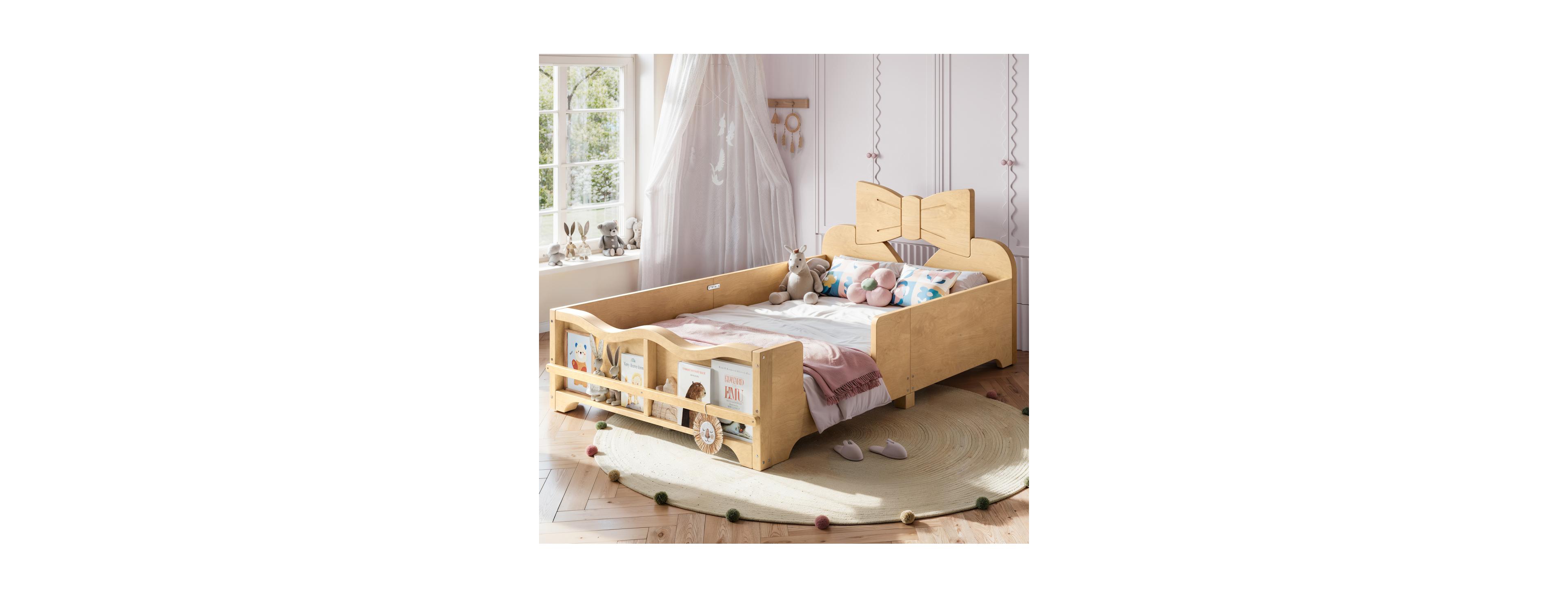 Streamdale Furniture Twin Kids Platform Bed with Guardrails, Bowknot Headboard and Bookshelf