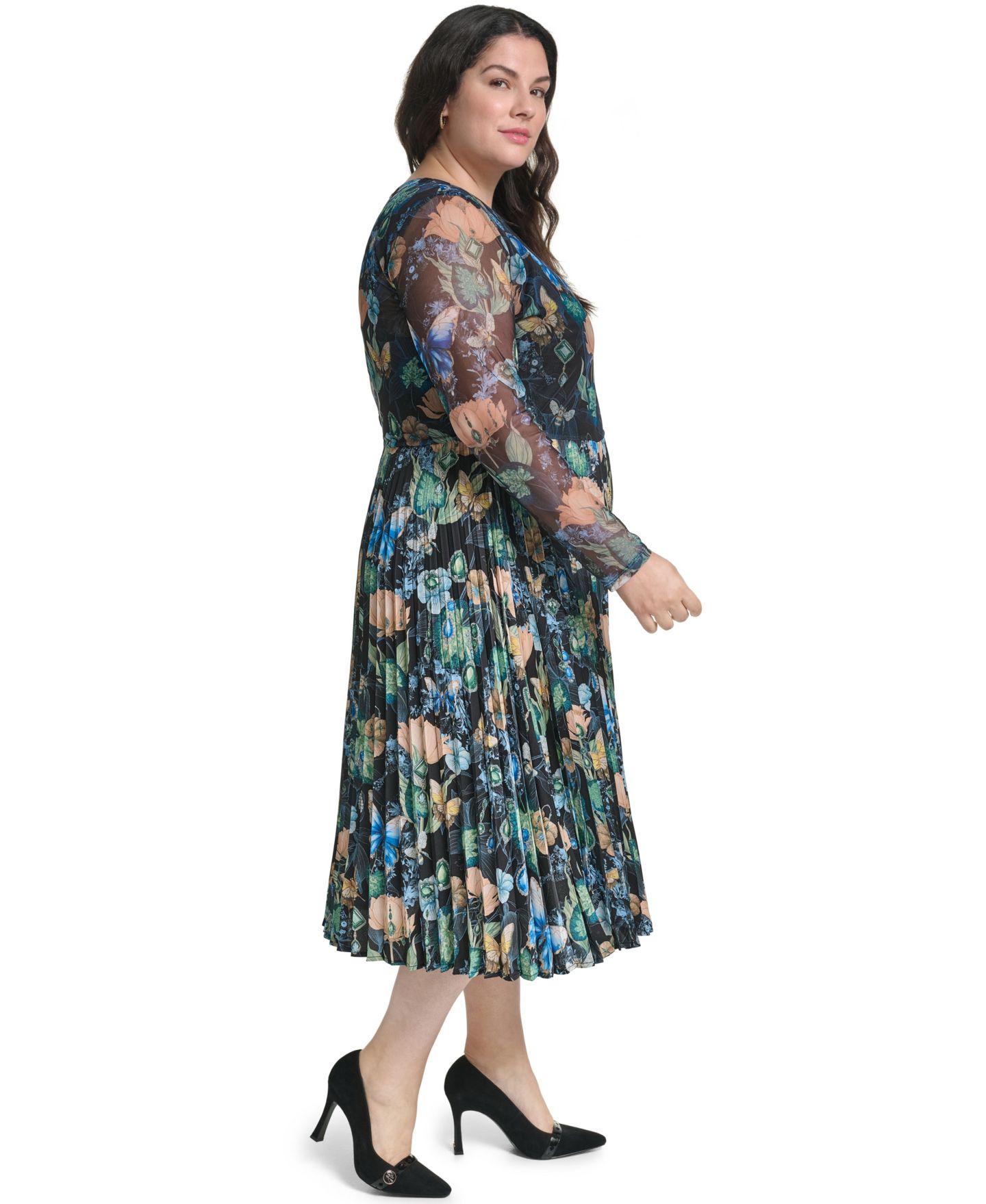 Женское платье KARL LAGERFELD PARIS Plus Size Mixed Media Mesh Long-Sleeve Dress, цвет: Чёрный разноцветный — фото 3