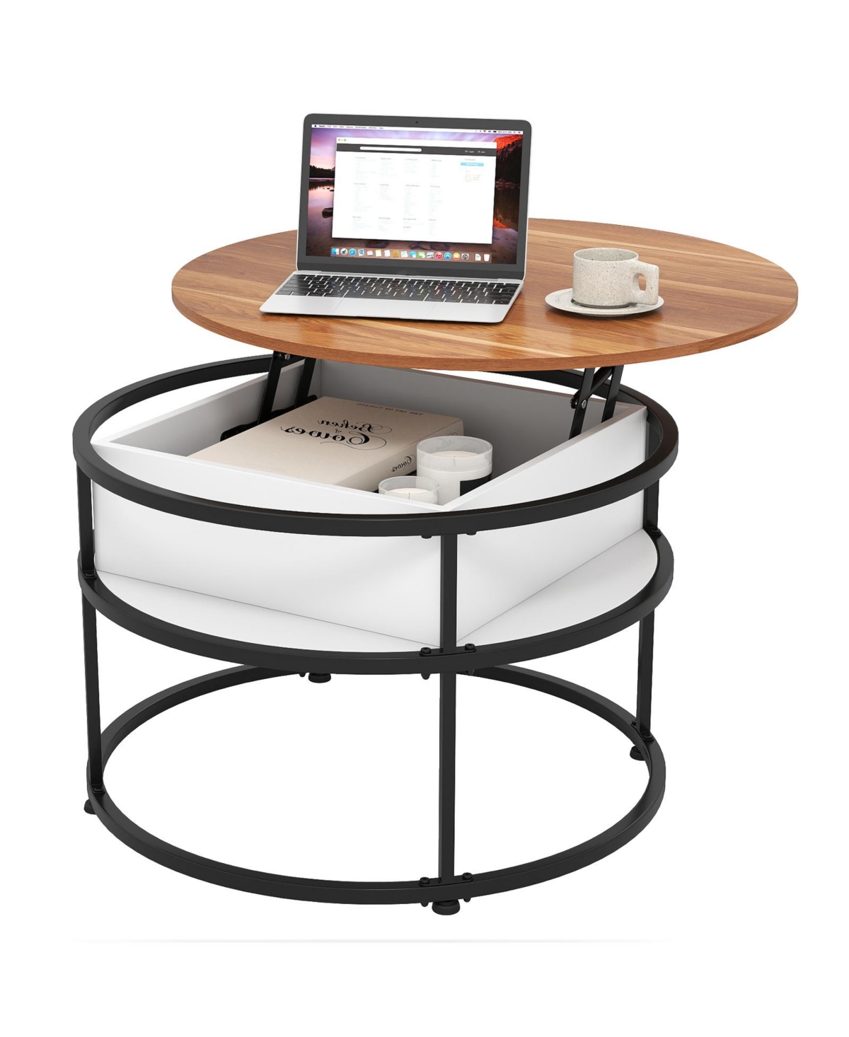 Mecale 31.5 Inch Round Lift Top Coffee Table with Hidden Compartment and Side Shelves