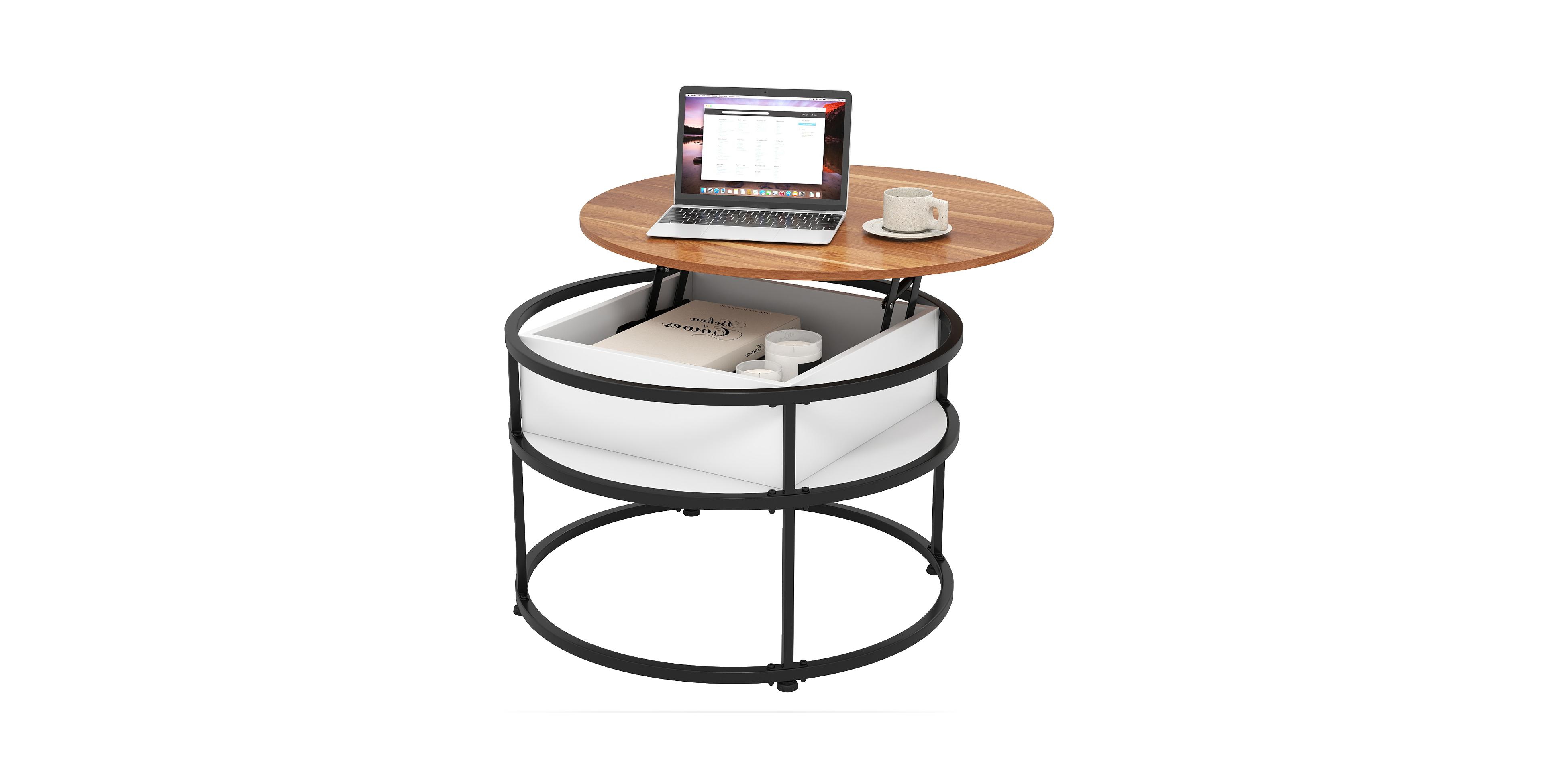 Mecale 31.5 Inch Round Lift Top Coffee Table with Hidden Compartment and Side Shelves