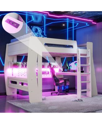 Full Size Gaming Loft Bed with Desk, Storage and LED Lights