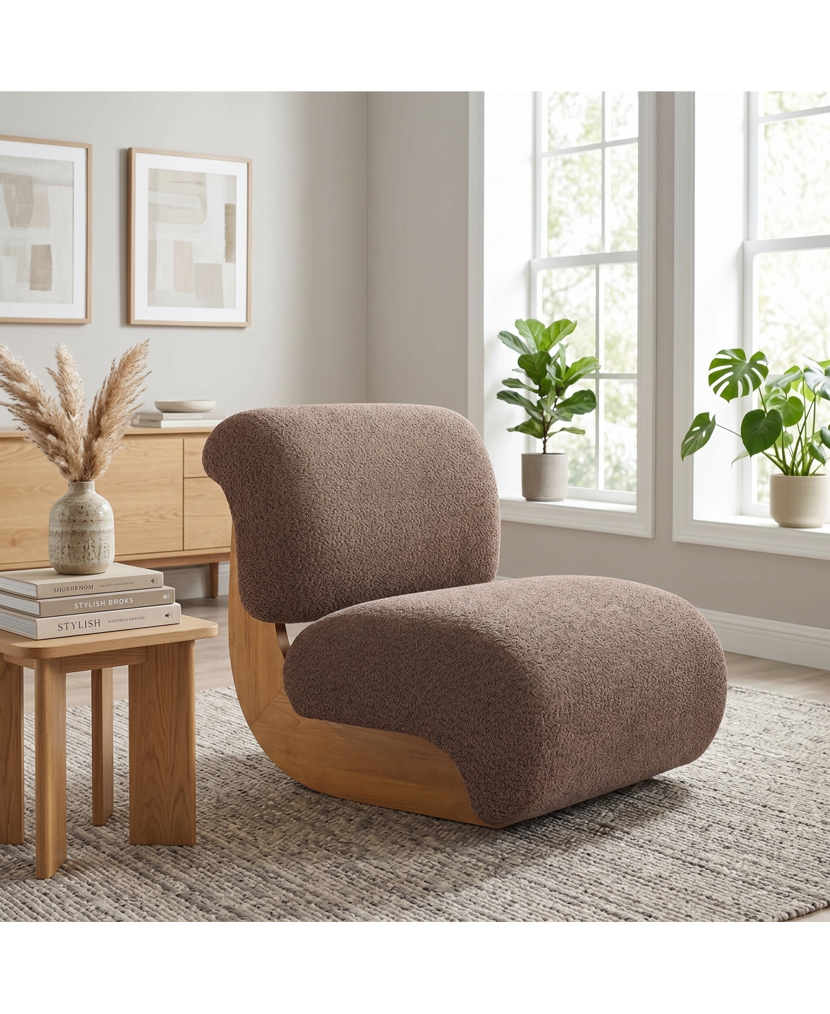 Streamdale Furniture Modern Curved Boucle Accent Chair with Solid Wood Base