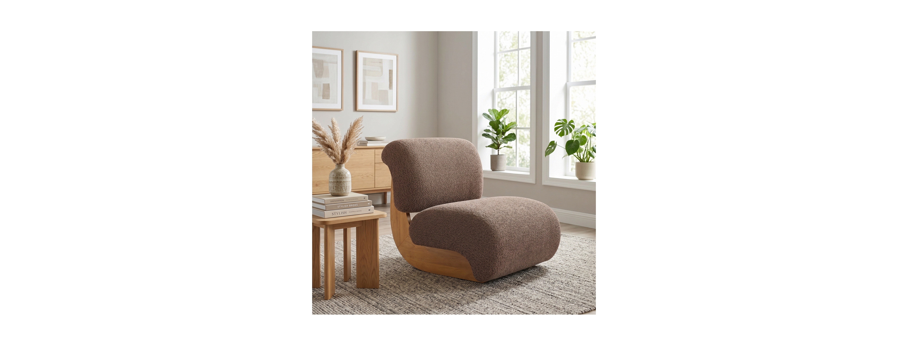 Streamdale Furniture Modern Curved Boucle Accent Chair with Solid Wood Base