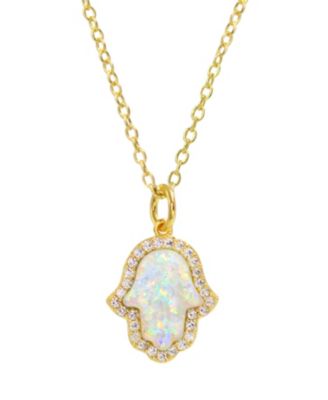 Hamsa Hand Necklace with Lab Grown Opal in 14k Gold Plated Sterling Silver