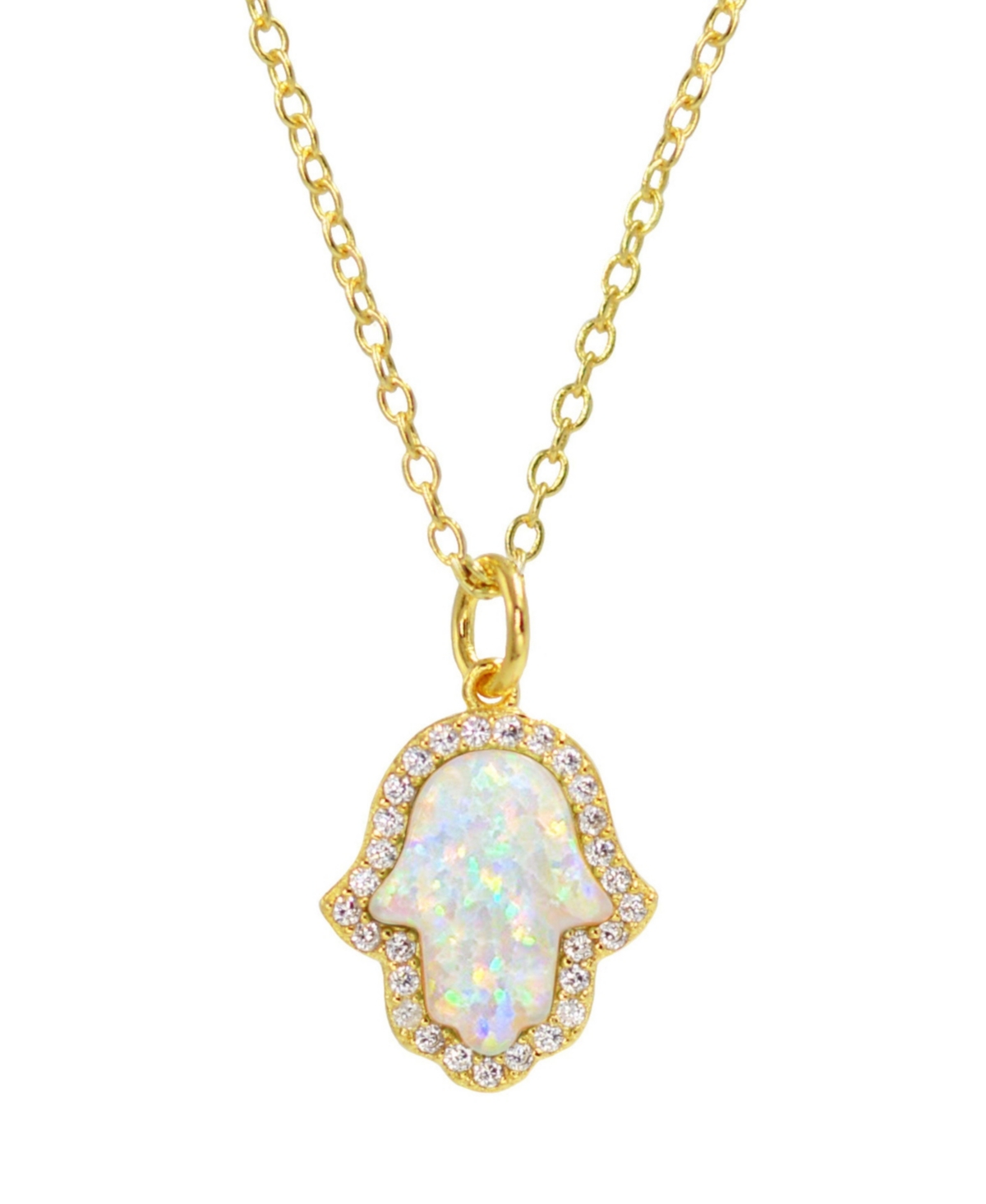 Kamaria Hamsa Hand Necklace with Lab Grown Opal in 14k Gold Plated Sterling Silver - White opal