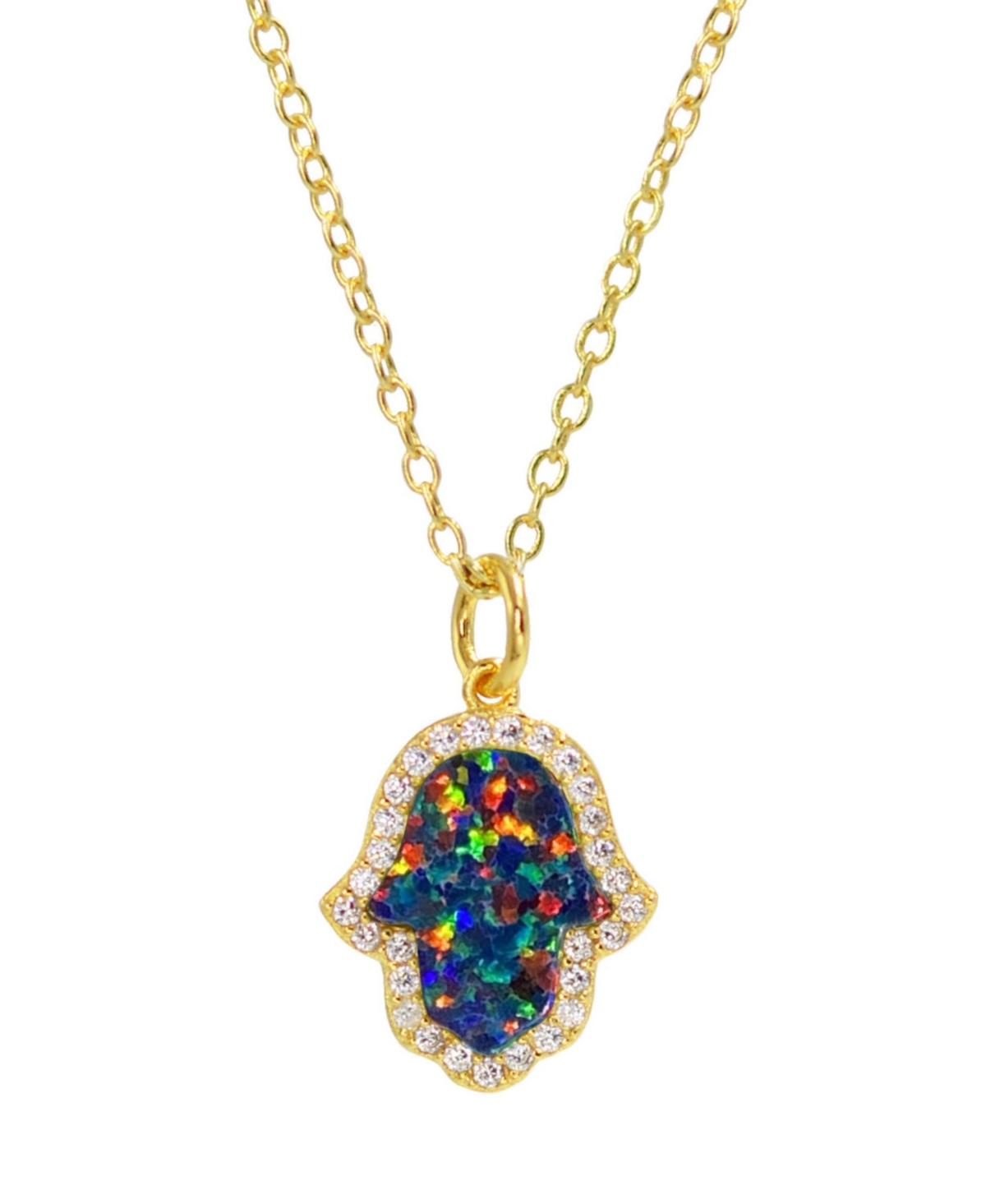 Kamaria Hamsa Hand Necklace with Lab Grown Opal in 14k Gold Plated Sterling Silver - Black opal