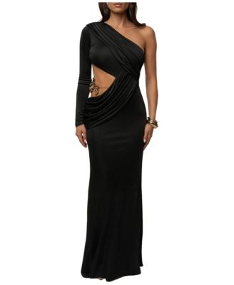 Women's Golden Frame Accent Long-Sleeve Asymmetrical One-Shoulder Cutout Dress