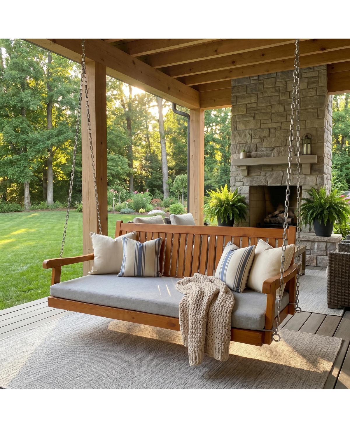 Innovaze 6 Feet Wooden Porch Swing Bed with Thick Cushion – Outdoor Hanging Daybed for Patio or Porch, Solid Fir Wood Frame, Weather-Resistan