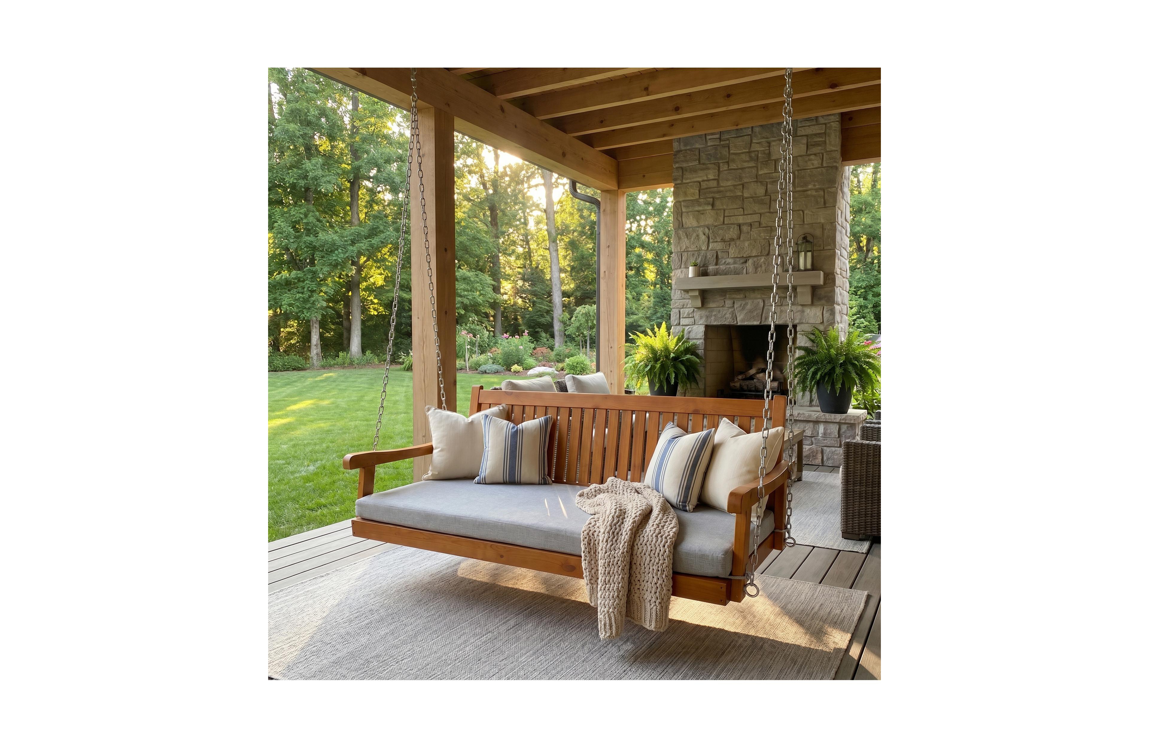Innovaze 6 Feet Wooden Porch Swing Bed with Thick Cushion – Outdoor Hanging Daybed for Patio or Porch, Solid Fir Wood Frame, Weather-Resistan