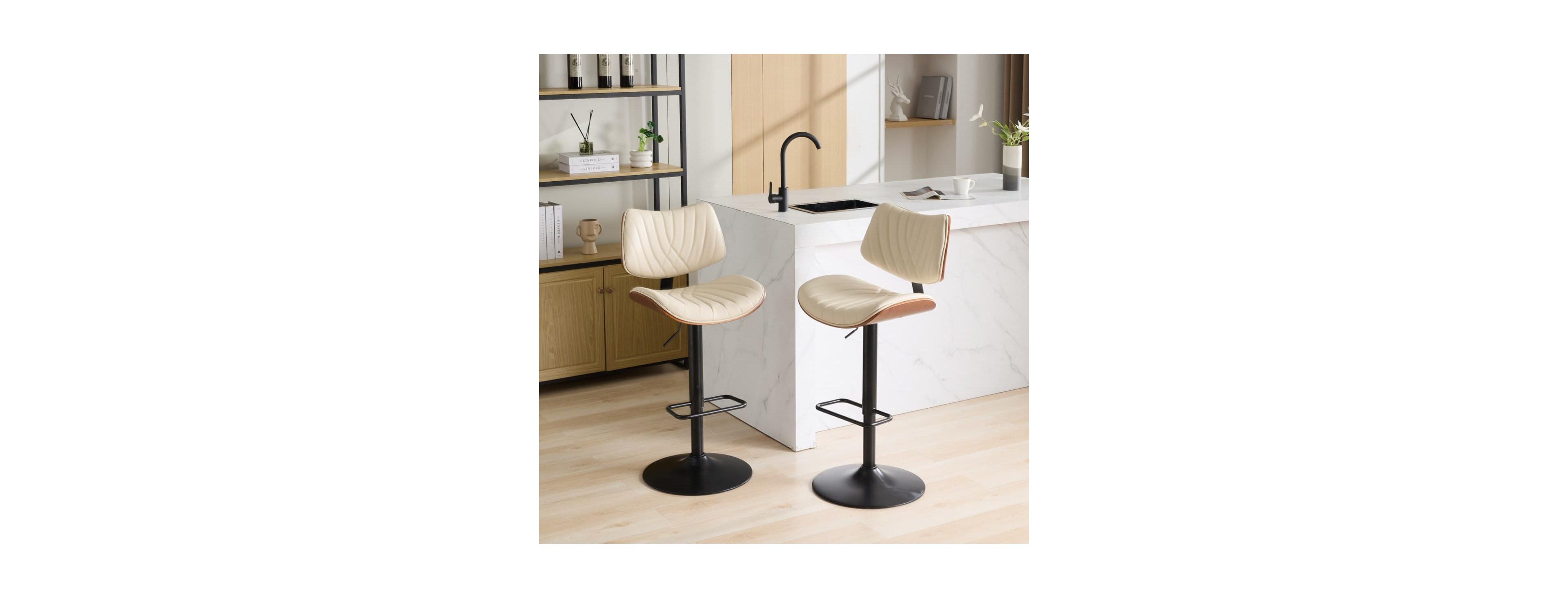 Maison Boucle Set of 2 Adjustable Swivel Bar Stools, 360degree(s) Counter Height Seating, Faux Leather Upholstered Seat