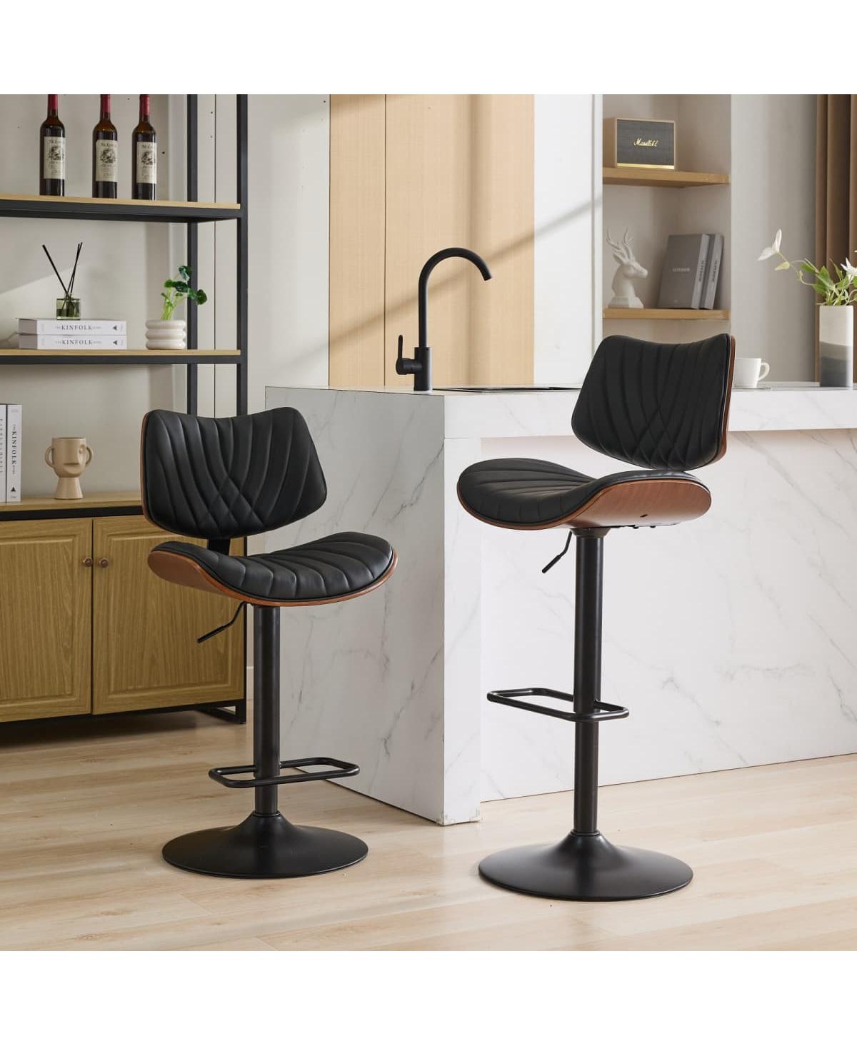 Maison Boucle Set of 2 Adjustable Swivel Bar Stools, 360degree(s) Swivel Counter Height Seating, Faux Leather Upholstered Seat - Black