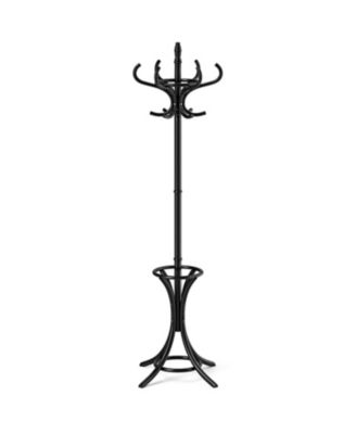 Wooden Standing Coat Rack with 12 Hooks and Built-In Umbrella Stand