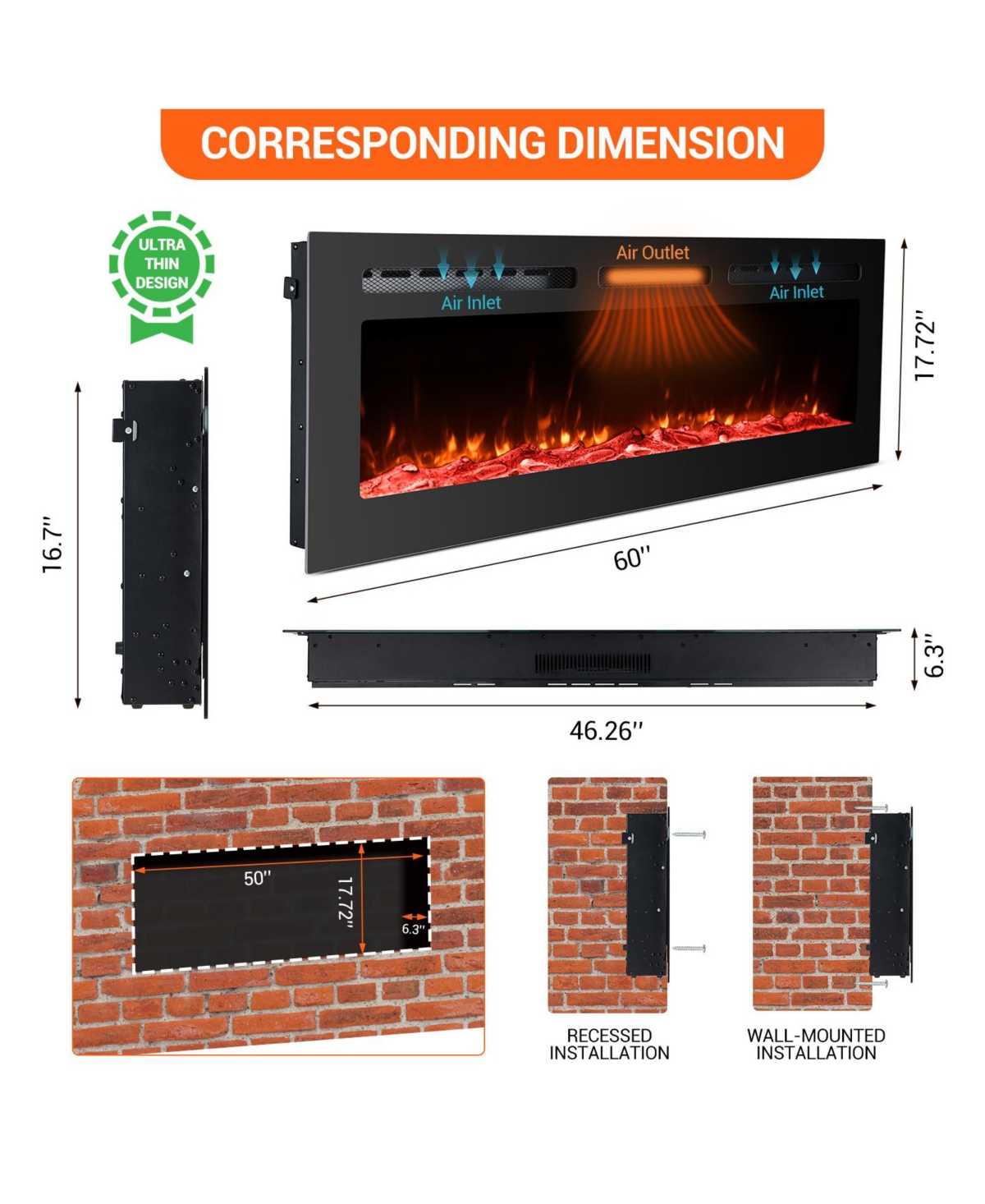 homfan 60 Inch Wall Mounted Or Recessed Electric Fireplace
