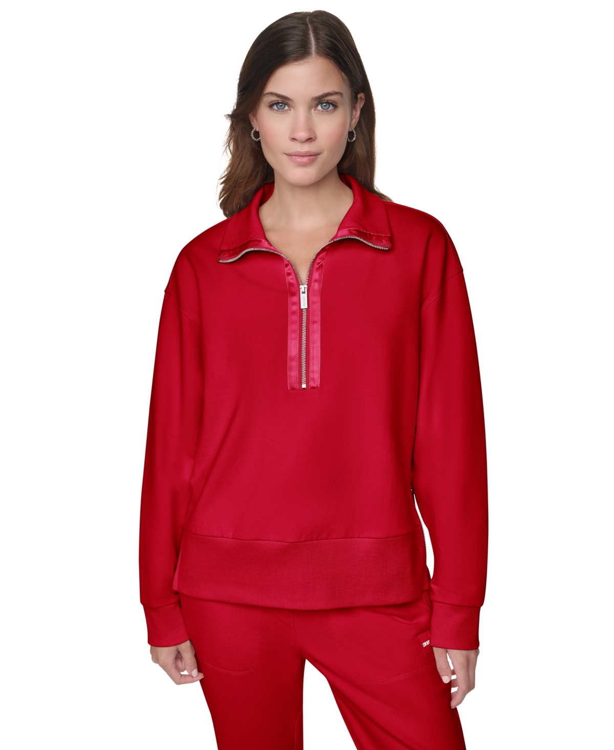 Dkny Sport Women's Mock Neck Quarter Zip Pullover With Tonal Satin Trim - Ruby