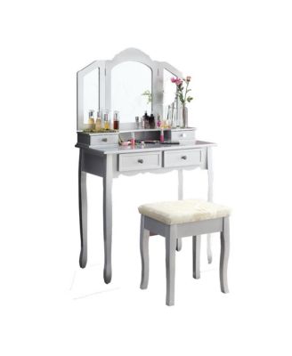 Sanlo Silver Finish Wood Vanity, Makeup Table and Stool Set