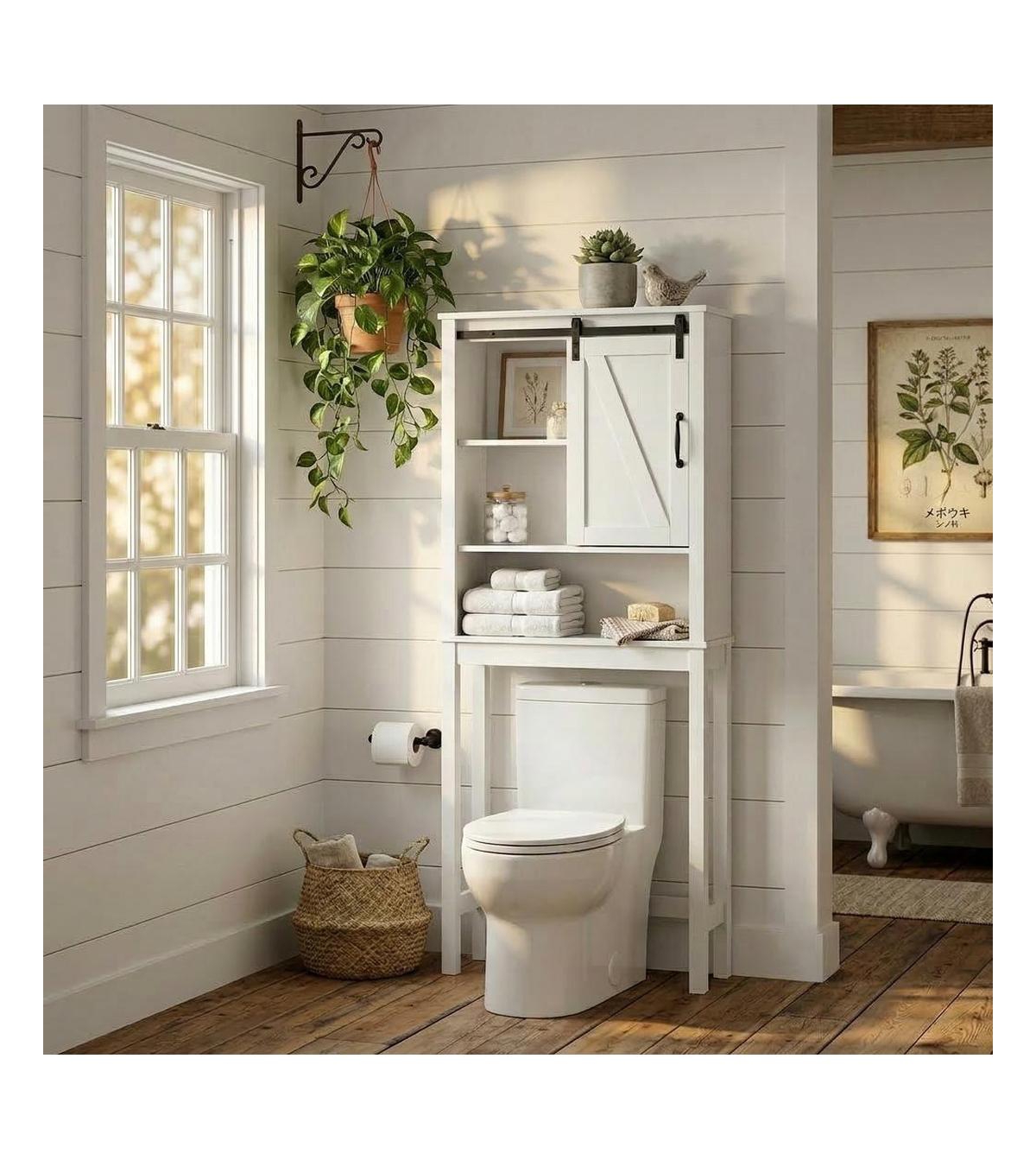 homfan Space Saving Over the Toilet Storage Cabinet, Freestanding Bathroom Organizer With Sliding Barn Door,Small Bathroom, Laundry